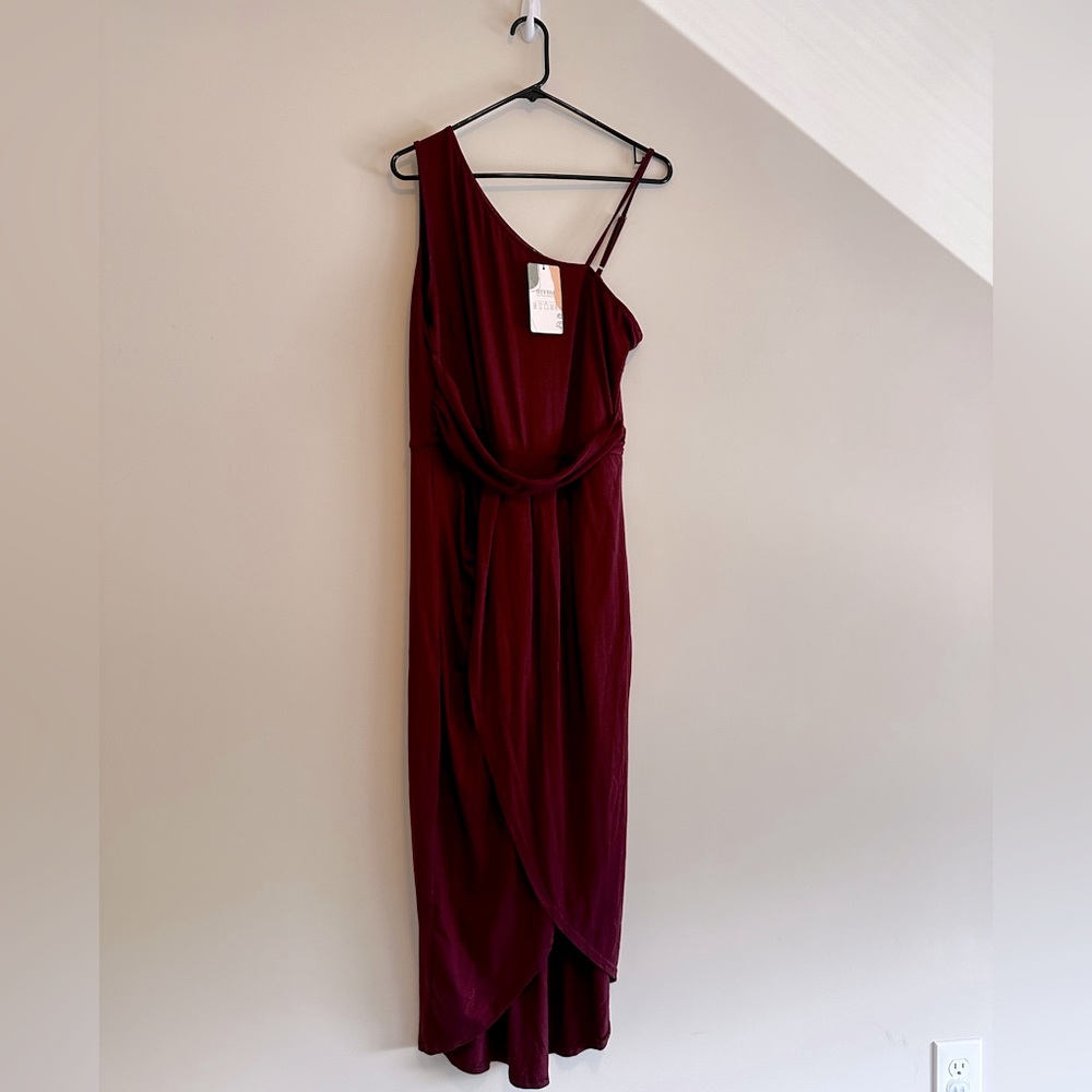 Women One Shoulder Spaghetti Strap Sleeveless Ruched Wrap Slit Sundresses - Picture 5 of 7